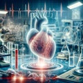 A photo of a translucent heart beating against a backdrop of scientific equipment and tools, showing blood circulation.AI Generate