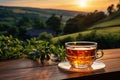 glass teacup on the wooden table and the background of tea plantations created with Generative Al technology Royalty Free Stock Photo