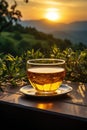 glass teacup on the wooden table and the background of tea plantations created with Generative Al technology Royalty Free Stock Photo