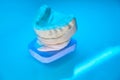 Photo of transparent orthodontic cap lying on cast of jaw