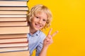 Photo of tricky funny school boy wear blue shirt hiding stack book showing v-sign isolated yellow color background