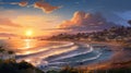 Sunset Beach Scene With Lush Landscape And Neo-geo Style