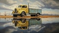 Hyperrealistic Yellow Truck Reflection In Water By David Michael Bowers Royalty Free Stock Photo