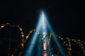 Photo of the TV tower in the Russia surrounded by barbed wire at night. Concept violation of the freedom of speech