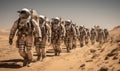 Photo of two astronauts walking through the desert towards a space station