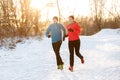 Photo of two athletes on morning run in winter park Royalty Free Stock Photo