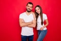 Photo of two casual charming cute pretty sweet people wearing jeans denim white t-shirts cheerfully looking while