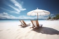 two lounge chair and white umbrella in white sand beach and blue background Royalty Free Stock Photo