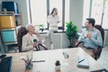 Photo of two employees mature boss woman chatting pause office team meeting discussion colleagues working together in Royalty Free Stock Photo
