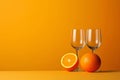 two empty glass with orange fruit in yellow background copy space ai generated Royalty Free Stock Photo