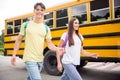 Photo of two funny sweet brother sister wear casual clothes backpack ready school smiling outdoors city street Royalty Free Stock Photo