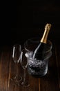 Photo of two glasses, bucket of ice and bottle of wine Royalty Free Stock Photo