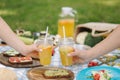 Photo of two hand hold orange lemonade in front of vegan picnic outdoors. Healthy food concept Royalty Free Stock Photo