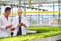 Photo of two male botanist examining herbs while writing on clipboard in plant nursery