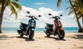 Photo of two motor scooters parked on a beach with palm trees