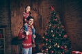 Photo of two people little girl sit daddy shoulders playful evergreen december decoration x-mas indoors