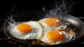 Photo of two perfectly fried eggs in a sizzling hot frying pan on a modern stove