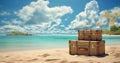 Photo of two stacked suitcases on a sandy beach