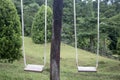 two swings with white ropes and empty in a park Royalty Free Stock Photo