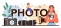 Photo typographic header. Professional photographer with camera