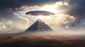Flying saucer over pyramid, aliens and egyptian pyramids themed UFO design. Generative ai Royalty Free Stock Photo