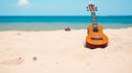 ukulele stand in sand with beach background ai generated Royalty Free Stock Photo