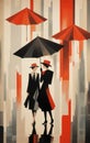 Art Deco Flair: Painting Of People With Red Umbrellas