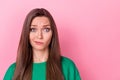 Photo of unhappy upset depressed gloomy nice girl with straight hairstyle dressed green t-shirt isolated on pink color