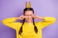 Photo of upset crying young woman braids wear yellow pullover tiara arms tears isolated purple color background Royalty Free Stock Photo