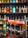 Photo Of Variety Of Alcoholic Drinks And Multi Colored Cocktails On The Reflective Surface Of Bar Counter, Blurred . Generative AI