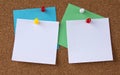 Photo of various colorful papers with space for text pinned with colorful pins on a note board Royalty Free Stock Photo