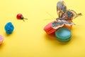 A photo of various macarons and a butterfly, roses, ladybug. shot from above, on a yellow background