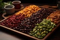 Photo of various roasted coffee beans of various degrees of roasting on surface