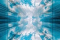 A photo of a very tall building reaching into the sky, surrounded by clouds, A kaleidoscopic image representing the complex Royalty Free Stock Photo