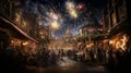 Photo of a vibrant firework display lighting up a group of excited people on a lively street created with Generative AI technology