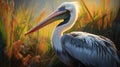 Realistic Pelican Standing On Tall Grass Illustration