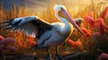 Vibrant Zbrush Art: Pelican In The Grass With Pink Feathers