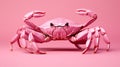 Photo of a vibrant pink crab against a matching pink backdrop