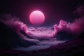 vibrant pink moon over surreal mountain landscape