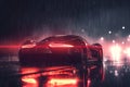 A photo of a vibrant red sports car driving through heavy rainfall on a wet road, Racing sports car with glowing lights on a rainy