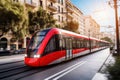 Photo of a vibrant red and white train or tram speeding down train tracks in the city Royalty Free Stock Photo