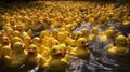 Photo of a vibrant yellow rubber duck party on the water Royalty Free Stock Photo