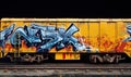 Photo of a vibrant yellow train adorned with colorful graffiti artwork