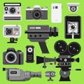 Photo video camera tools optic lenses set. Different types photo-objective retro video-equipment, professional movie Royalty Free Stock Photo