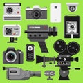 Photo video camera tools optic lenses set. Different types photo-objective retro video-equipment, professional movie Royalty Free Stock Photo