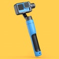 Photo and video lightweight blue action camera with steadicam on orange