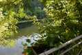 View from the terrace decorated with flowers with look to green water