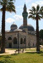 View of the Yesil Camii mosque with a green minaret surrounded by tall palm trees in Iznik, Turkey Royalty Free Stock Photo