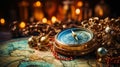 Photo of a vintage compass lying on ancient maps. The atmosphere of travel and adventure. Generative AI Royalty Free Stock Photo