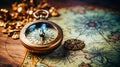 Photo of a vintage compass lying on ancient maps. The atmosphere of travel and adventure. Generative AI Royalty Free Stock Photo